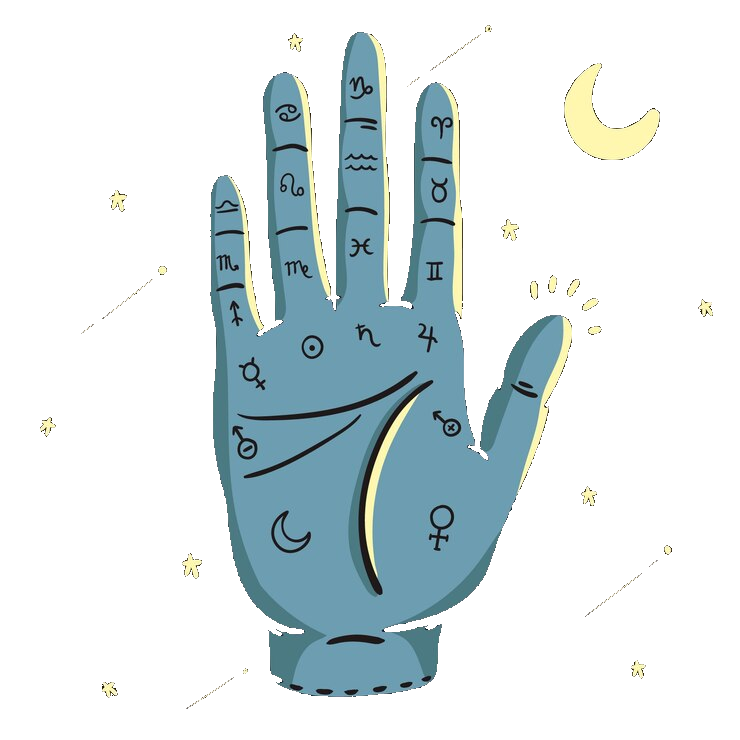 Illustration of a palm marked with astrological and zodiac symbols for palm reading